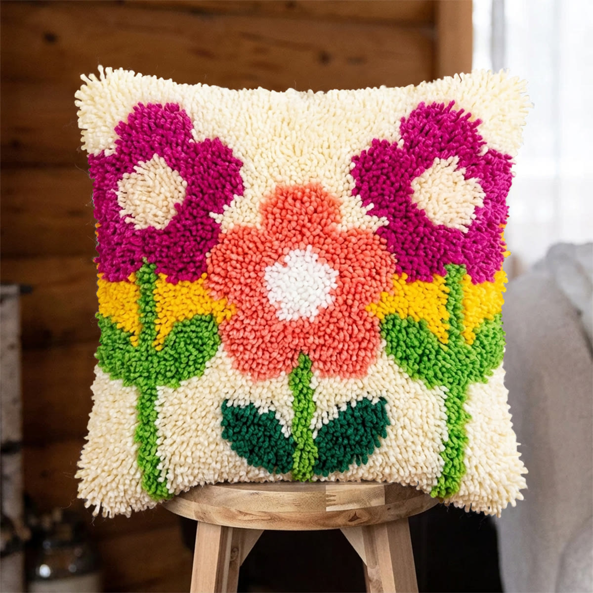 Rubbyoo Latch Hook Pillow Kit - Bright Flowers |  Vibrant Yarn Craft |  Nice Living Room Ornament  - 43*43cm - image 1