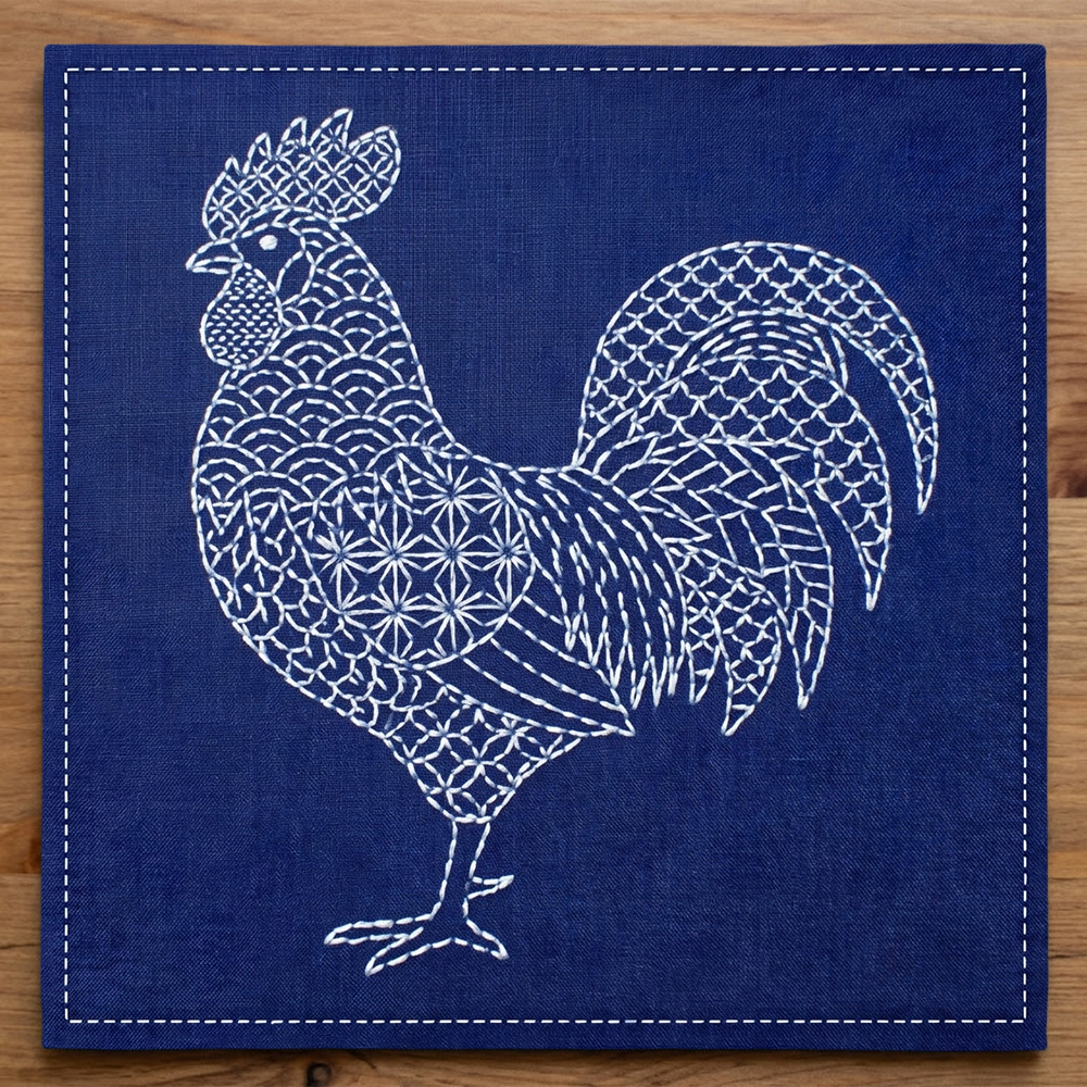 Rubbyoo Sashiko Embroidery Kit -  Rooster | Classic Needlework Art | Blue & White Aesthetic Decor - 20*20cm - image 1