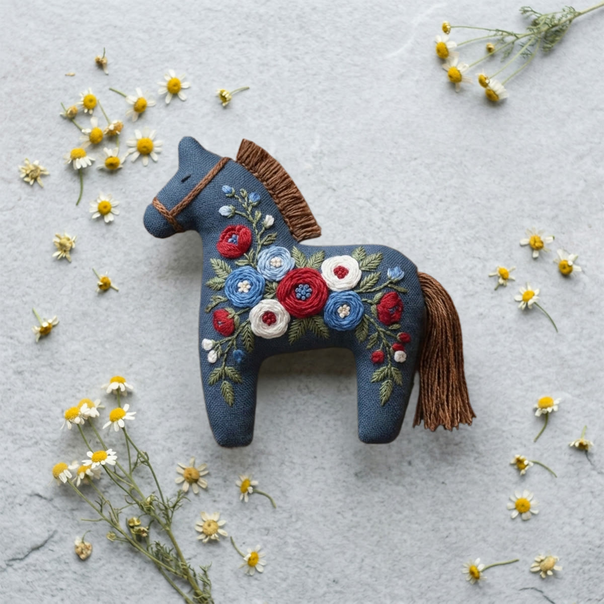 Rubbyoo Dala Horse Embroidery Kit - Botanical Blue  | Interesting DIY Horse Sewing Kit | Vintage Style Bag Charm - image 2