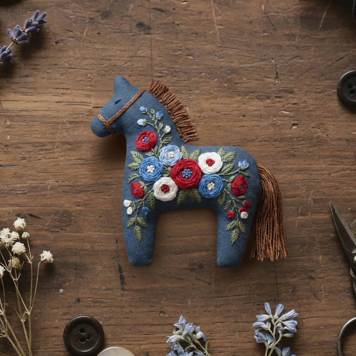 Rubbyoo Dala Horse Embroidery Kit - Botanical Blue  | Interesting DIY Horse Sewing Kit | Vintage Style Bag Charm - 6 inches hoop kit - image 1