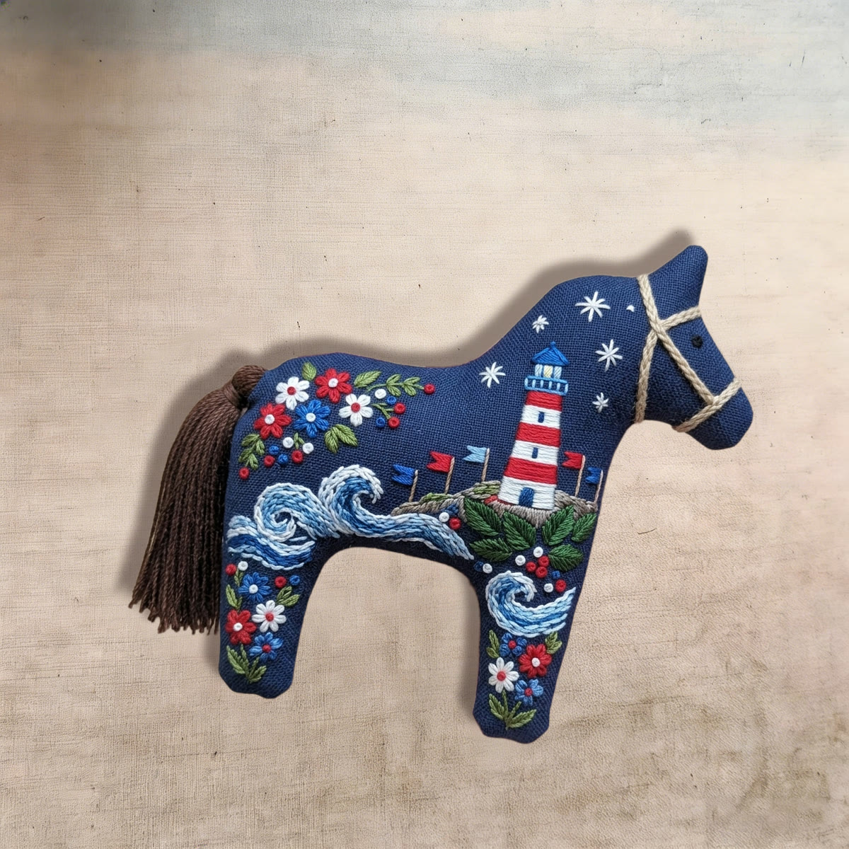 Rubbyoo Dala Horse Embroidery Kit - Lighthouse On The Sea | Blue Floral Folk Art Ornament | Exquisite Handmade Art Piece - image 2