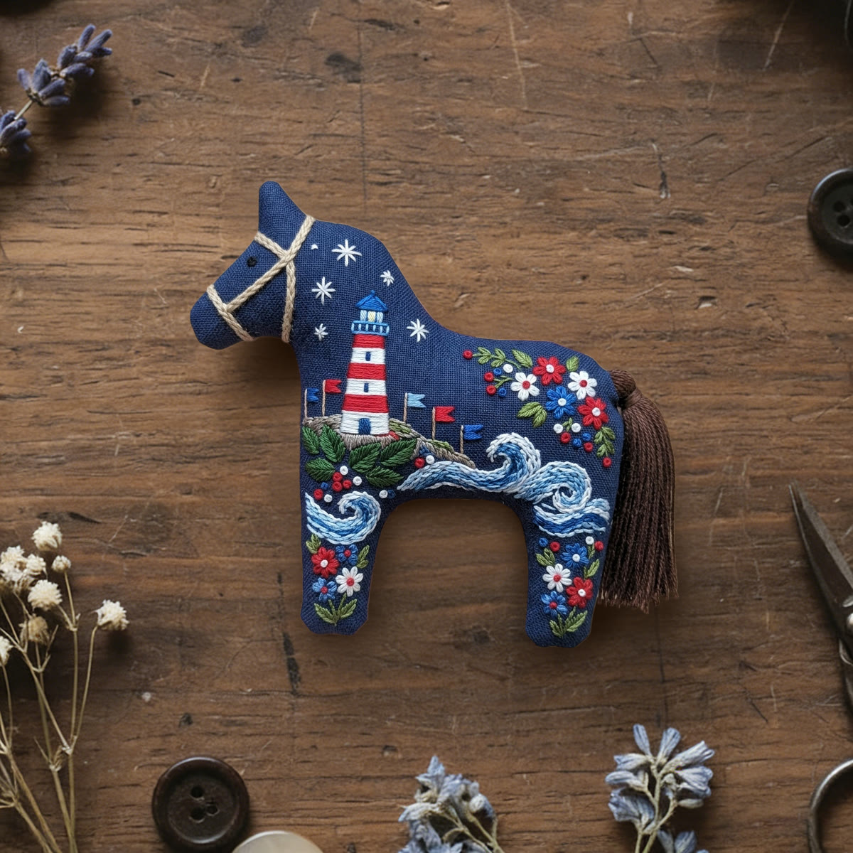 Rubbyoo Dala Horse Embroidery Kit - Lighthouse On The Sea | Blue Floral Folk Art Ornament | Exquisite Handmade Art Piece - 6 inches hoop kit - image 1