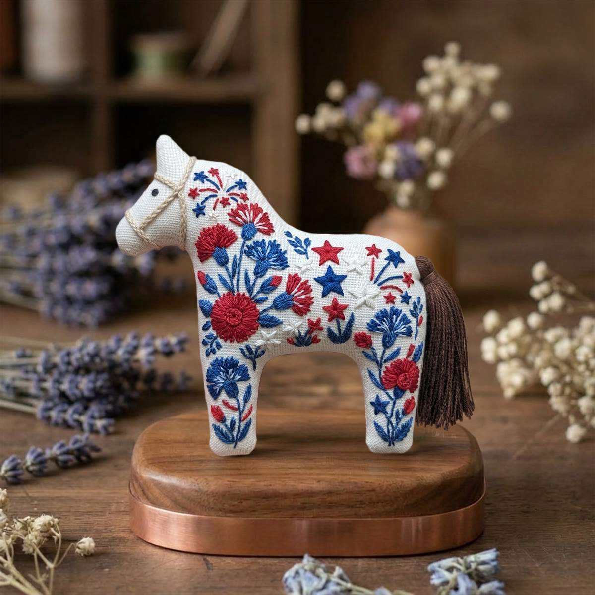 Rubbyoo Dala Horse Embroidery Kit - Floral White | Warm Red-Blue Pony Pendant | Artisan Botanical Room Accent - image 4
