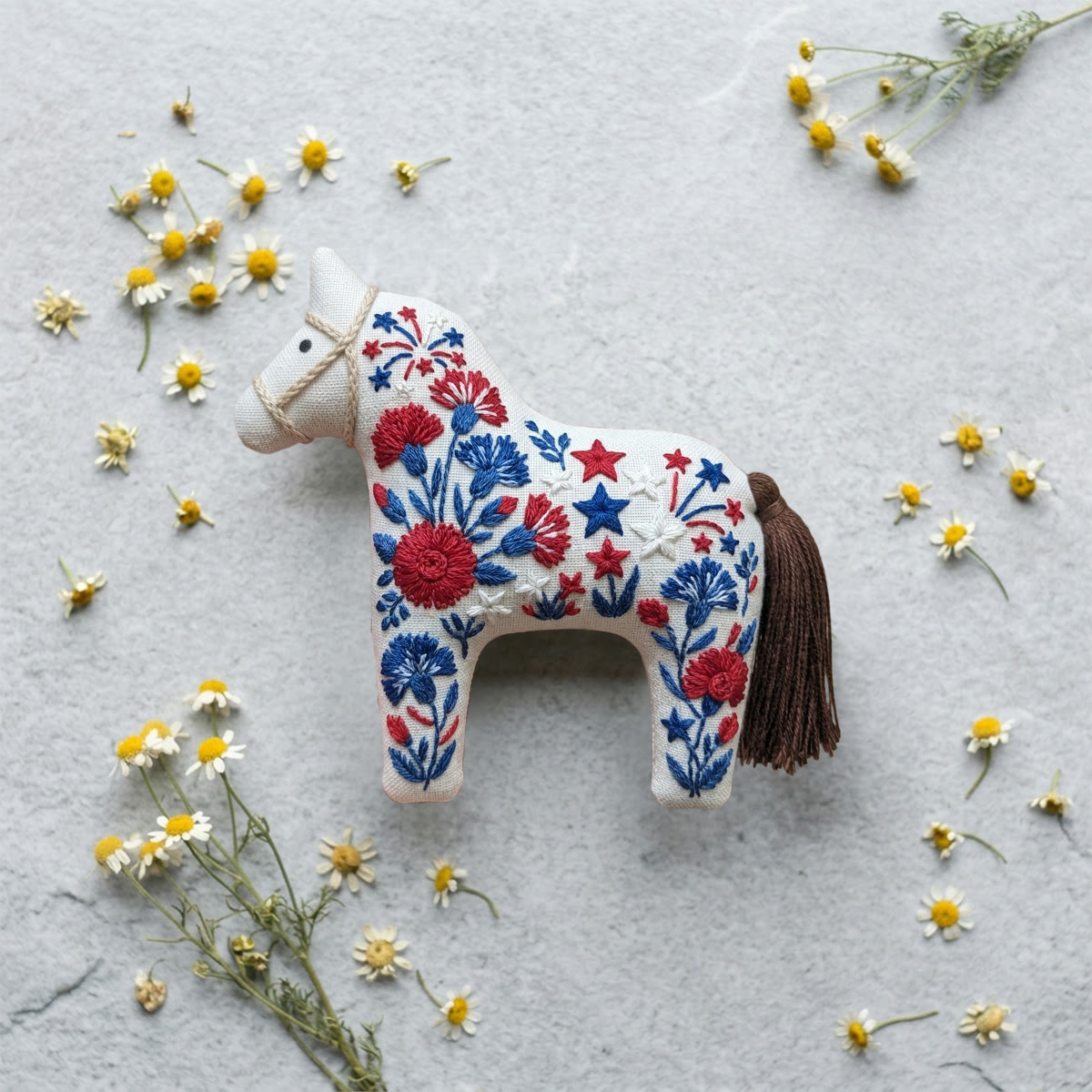 Rubbyoo Dala Horse Embroidery Kit - Floral White | Warm Red-Blue Pony Pendant | Artisan Botanical Room Accent - image 2