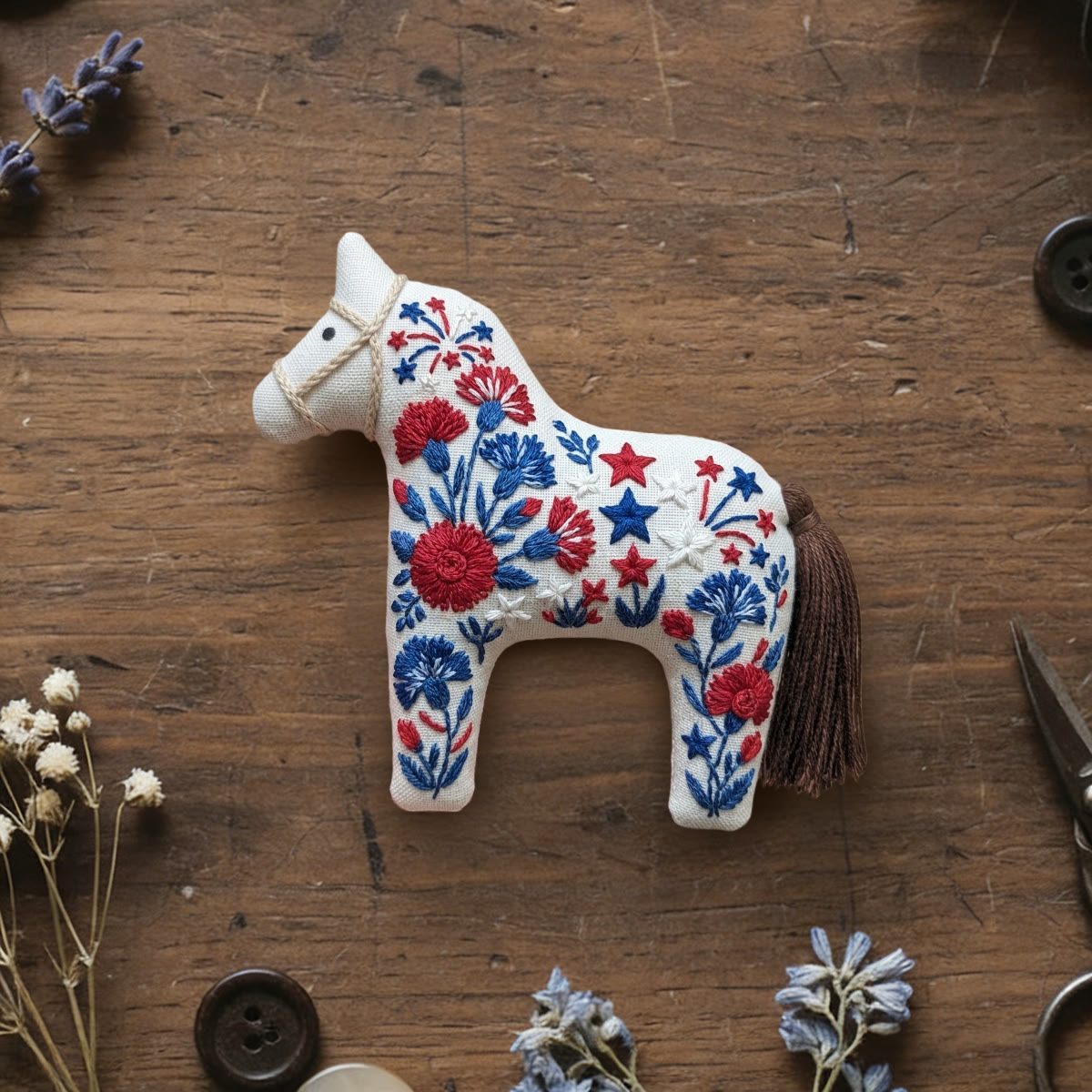 Rubbyoo Dala Horse Embroidery Kit - Floral White | Warm Red-Blue Pony Pendant | Artisan Botanical Room Accent - 6 inches hoop kit - image 1