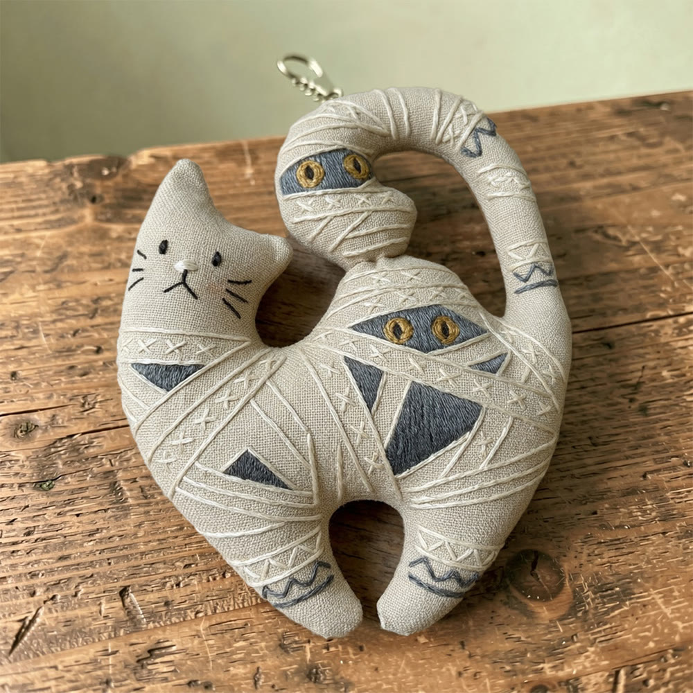 Rubbyoo Kitty Embroidery Kit - Mummy Cat | Gothic Fabric Design  | Halloween Keychain Top Option - 6 inches hoop kit - image 1