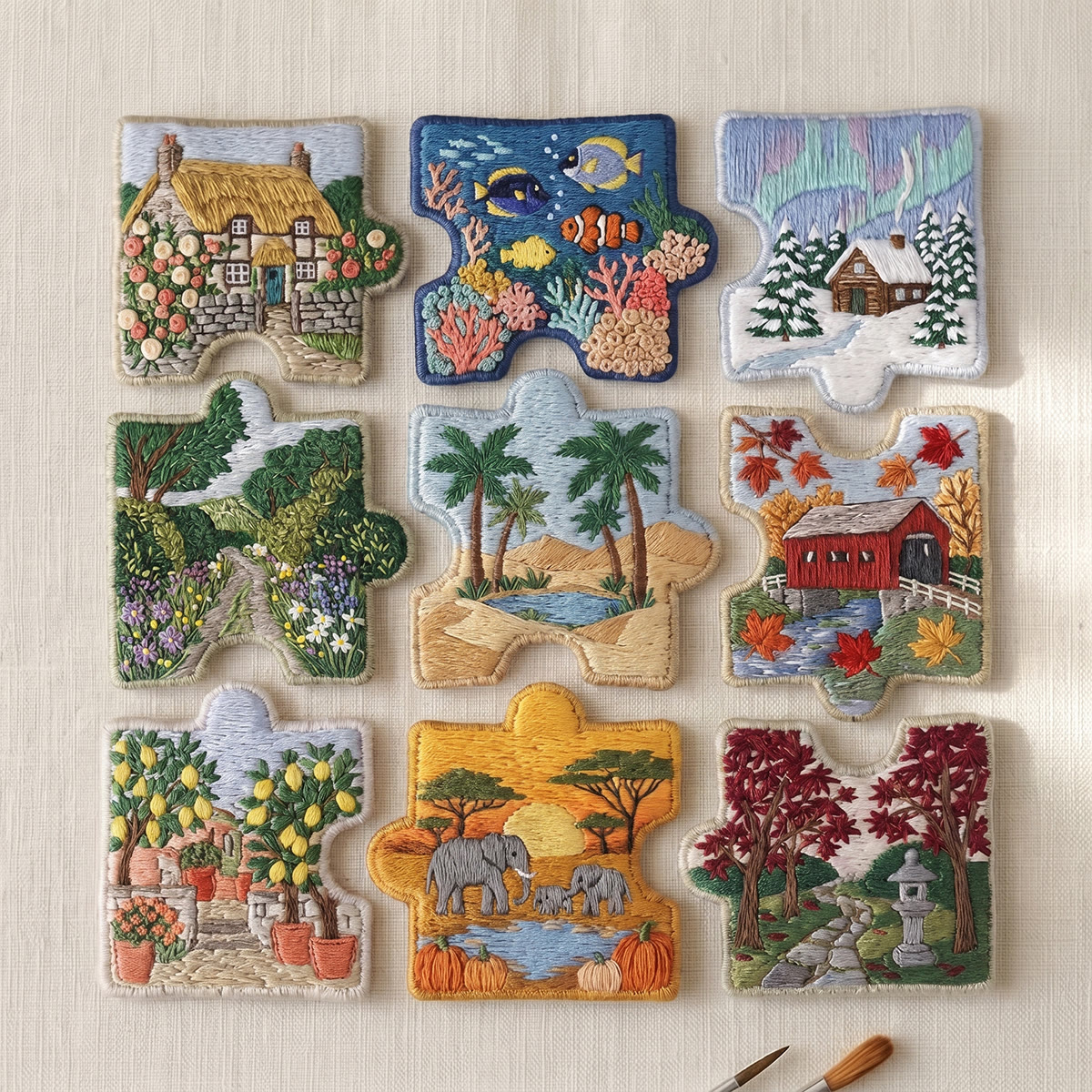 Rubbyoo Diy Magnet & Brooch Embroidery Puzzle Kit - Four Seasons Landscape Set | Scandi Folk Art Textile Refrigerator Magnet  - 9-pcs Puzzle Brooch Kit - image 1