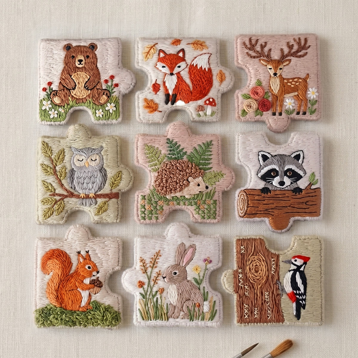Rubbyoo Diy Magnet & Brooch Embroidery Puzzle Kit - Woodland Animals | Rustic Nursery Decor - 9-pcs Puzzle Brooch Kit - image 1