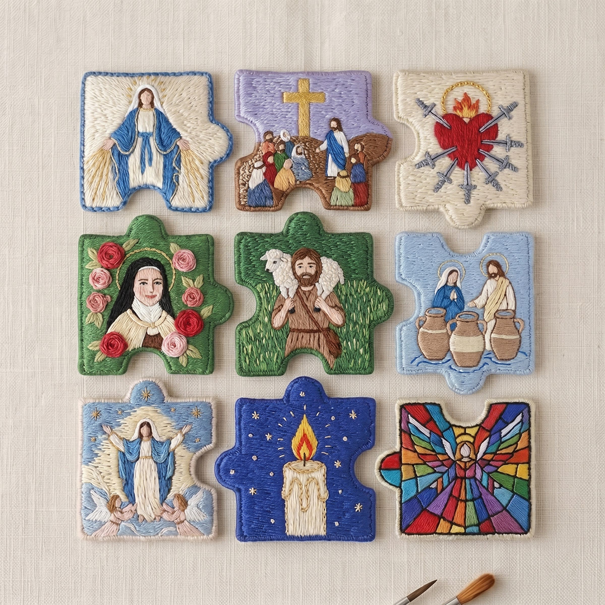 Rubbyoo Diy Magnet & Brooch Embroidery Puzzle Kit - Sacred Art Aesthetic | Catholic Mother Gift - 9-pcs Puzzle Brooch Kit - image 1