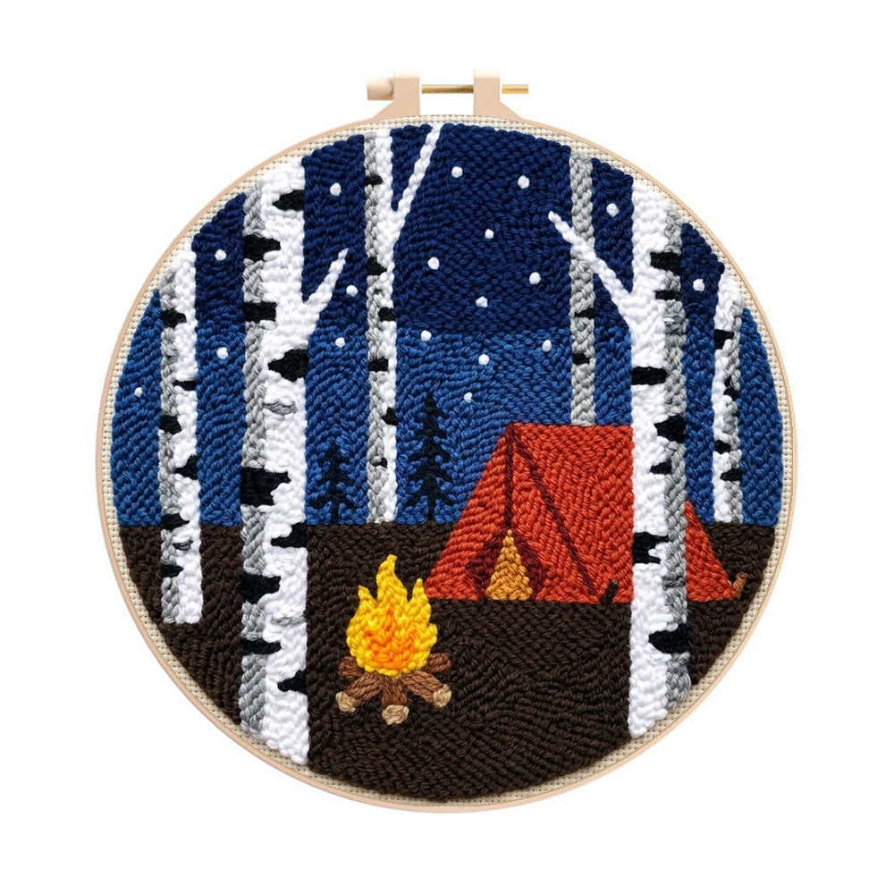 Starry Night Campfire Punch Needle Kit - Handmade Textured Fiber Art | Cozy Room Atmosphere - 8 inch Hoop  Kit - image 1