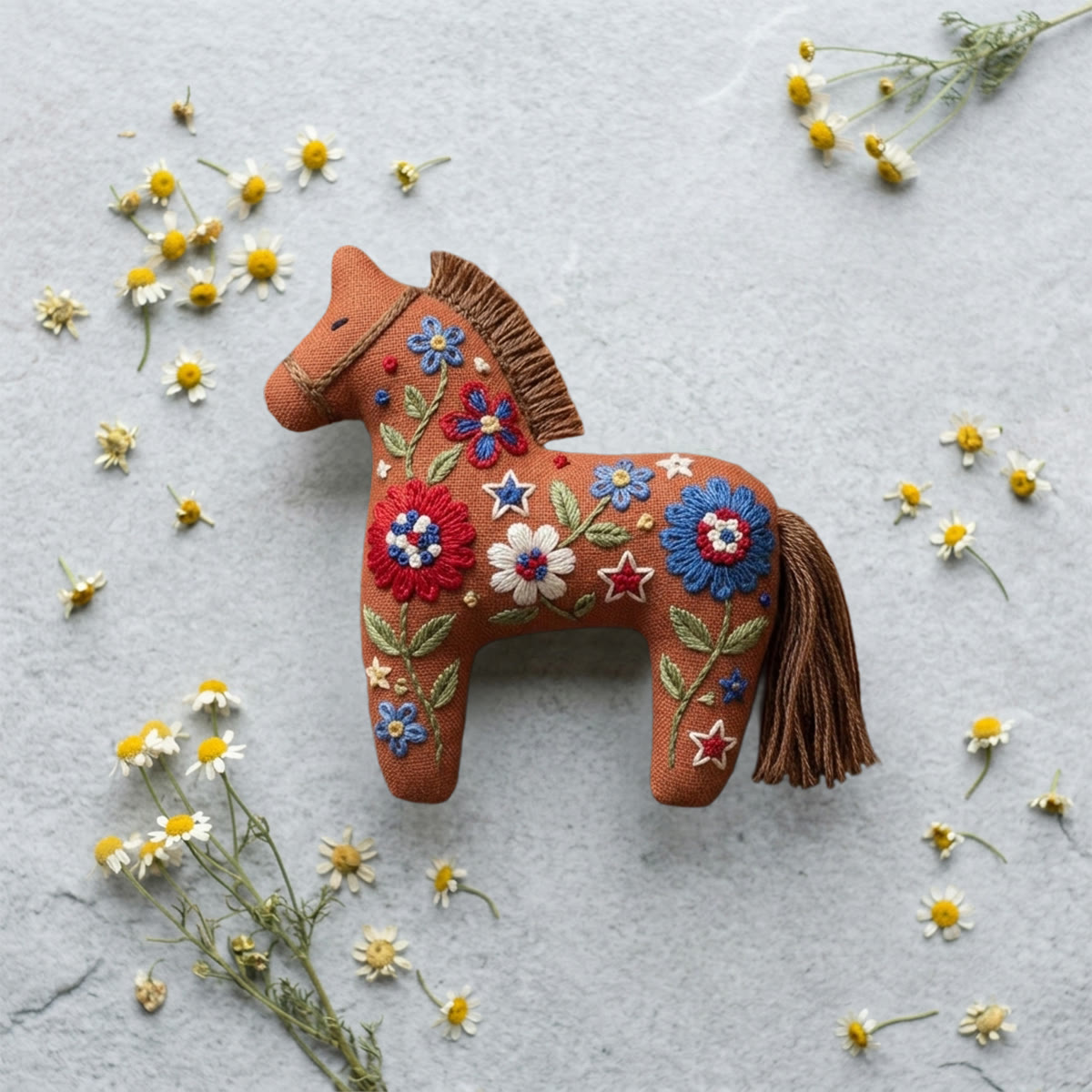 Rubbyoo Dala Horse Embroidery Kit - Terracotta Flowers | Rustic Style Bag Charm | Fiber Animal Art Kit - image 5