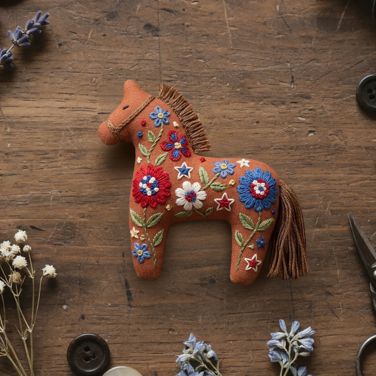 Rubbyoo Dala Horse Embroidery Kit - Terracotta Flowers | Rustic Style Bag Charm | Fiber Animal Art Kit - 6 inches hoop kit - image 1