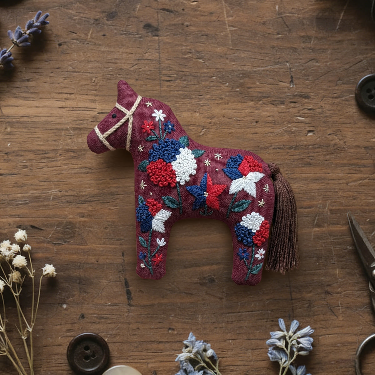 Rubbyoo Dala Horse Embroidery Kit - Burgundy Bloom | Artistic Textured Handicraft | Unique Festival Keepsake - 6 inches hoop kit - image 1