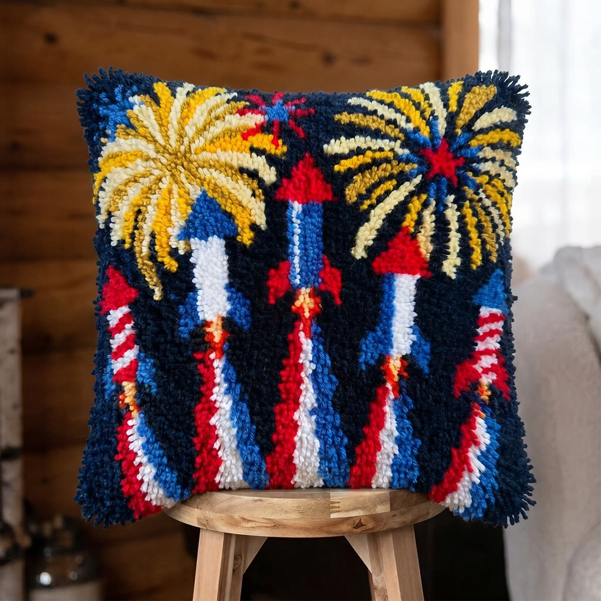 Rubbyoo Latch Hook Pillow Kit - Fireworks Display | 250th Usa Anniversary Gift | Cozy Holiday Party Decor - 43*43cm - image 1