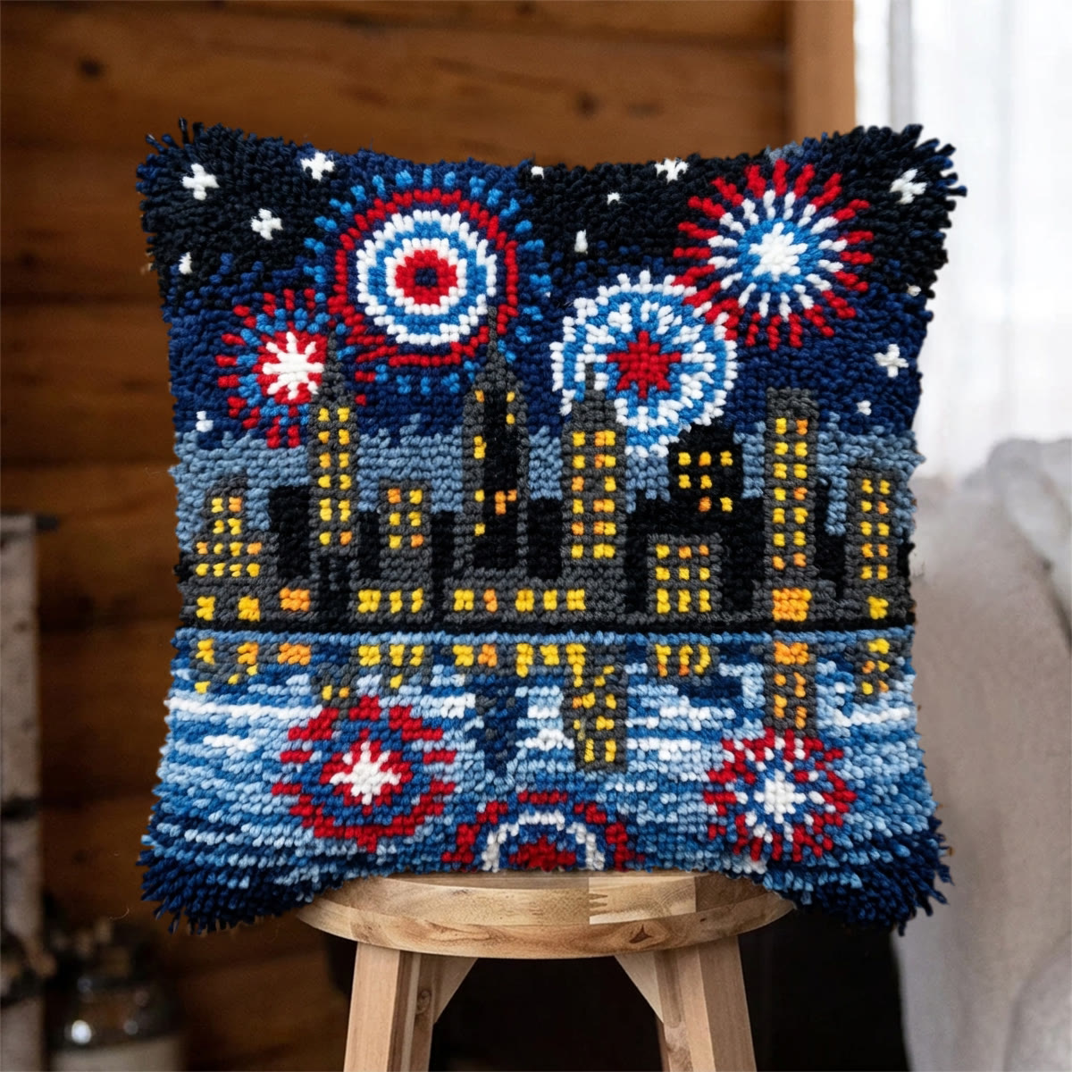 Rubbyoo Latch Hook Pillow Kit - Cityscape Night Scene | America 250 Celebration  Gift | Patriotic Home Accent - 43*43cm - image 1