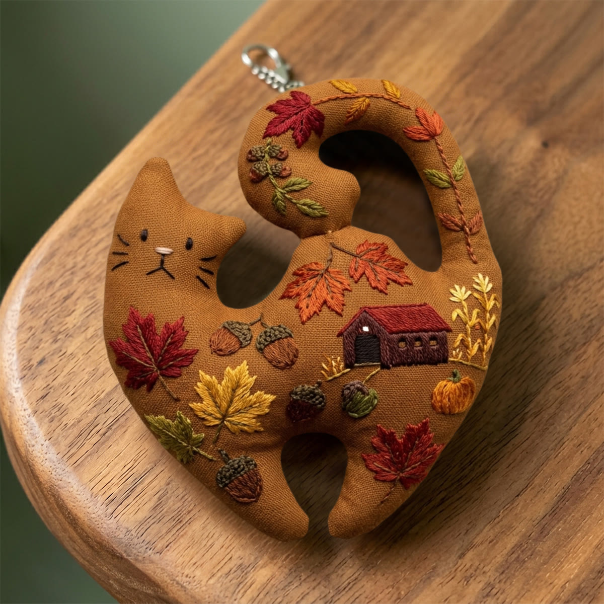 Rubbyoo Kitty Embroidery Kit - Autumn Maple | Cozy Earth Brown Ornament | Funny DIY Handicraft - 6 inches hoop kit - image 1