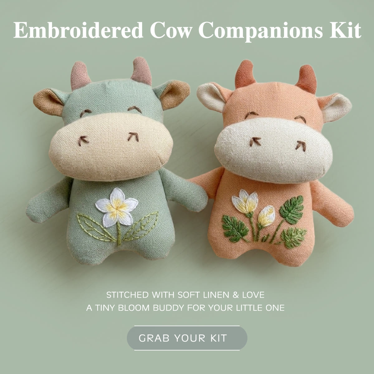 Rubbyoo Stuffed Cow Embroidery Kit | Pretty  Sunflower Pattern | Statement Bag Accessory - Green + Pink - image 1