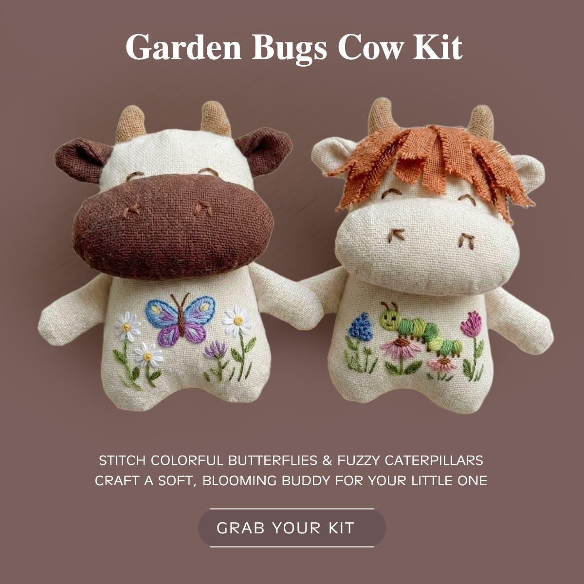 Rubbyoo Stuffed Cow Embroidery Kit | Easy-to-do Sewing Kit | Cute Fairy-tale Style Gift For Kids - Butterfly + Caterpillar - image 1