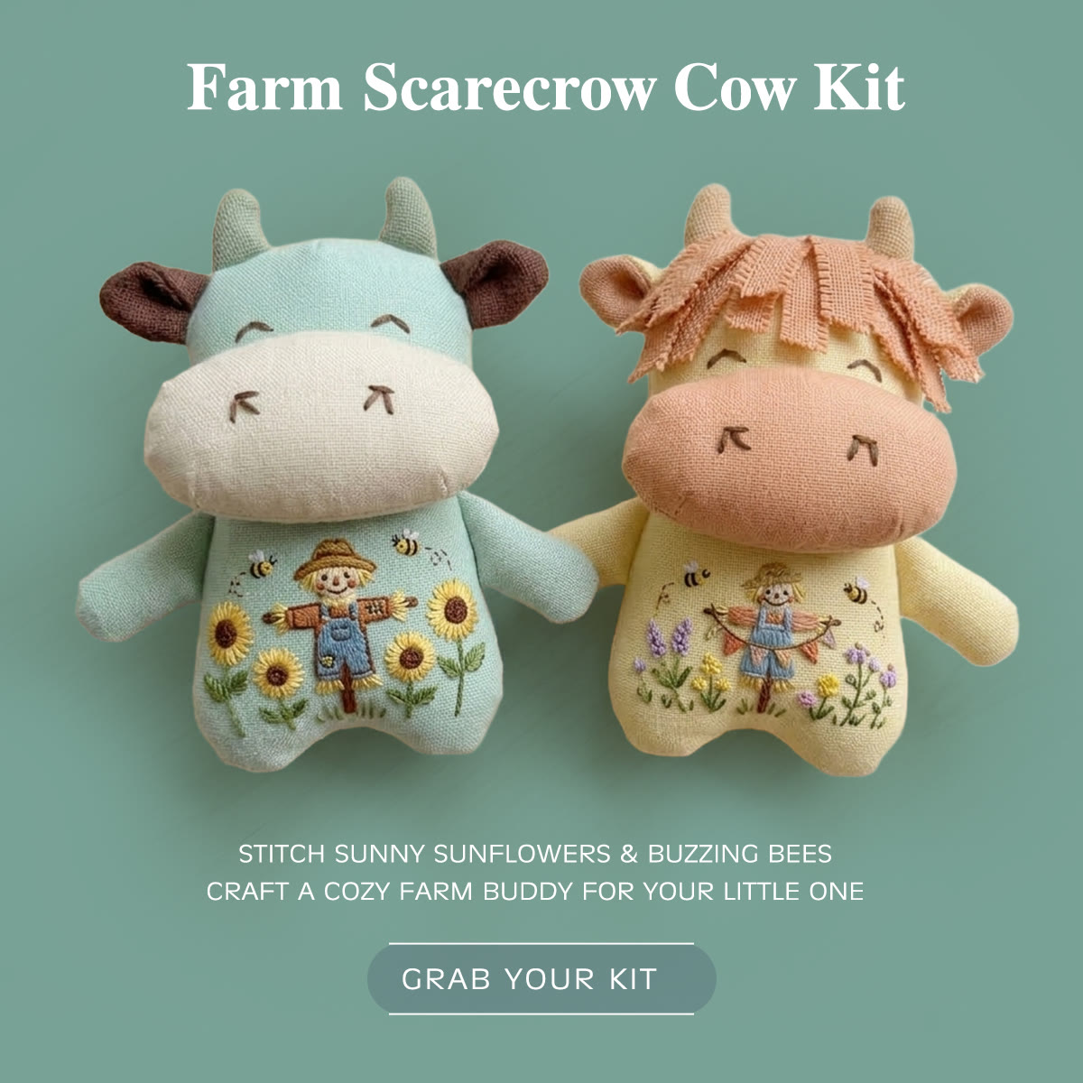 Rubbyoo Stuffed Cow Embroidery Kit | Scarecrow Cartoon Sewing Motif | Special Colorful Ornament - Mint Green + Yellow - image 1