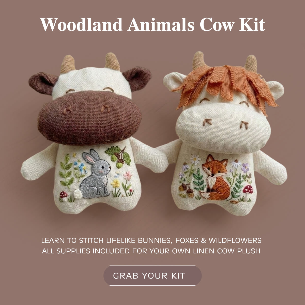 Rubbyoo Stuffed Cow Embroidery Kit | Lovely Animal Printing Decor | Educational Kid's Handmade Amusement - Bunny + Fox - image 1