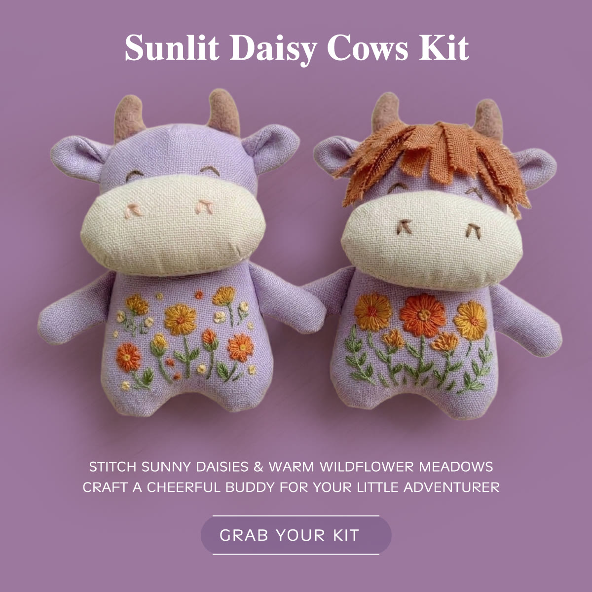Rubbyoo Stuffed Cow Embroidery Kit | Rustic Flowers Handicraft | Cozy Purple Bag Charm - Hairless Style + Hair Style - image 1
