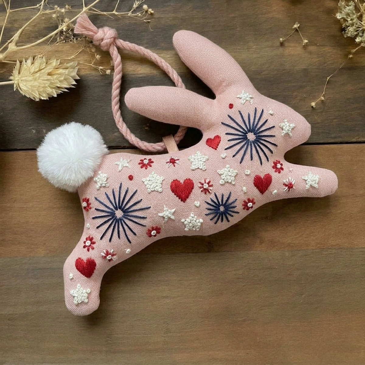 Rubbyoo Rabbit Embroidery Kit - Starlight & Heart | Pink Couple Anniversary Gift | Handmade Folk Art Pendant - 6 inches hoop kit - image 1