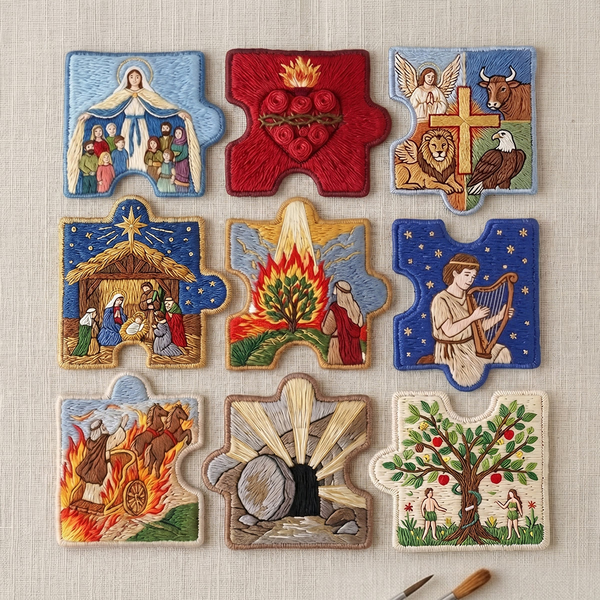 Rubbyoo Diy Magnet & Brooch Embroidery Puzzle Kit - Old And New Testament Art | Christian Home Decor - 9-pcs Puzzle Brooch Kit - image 1