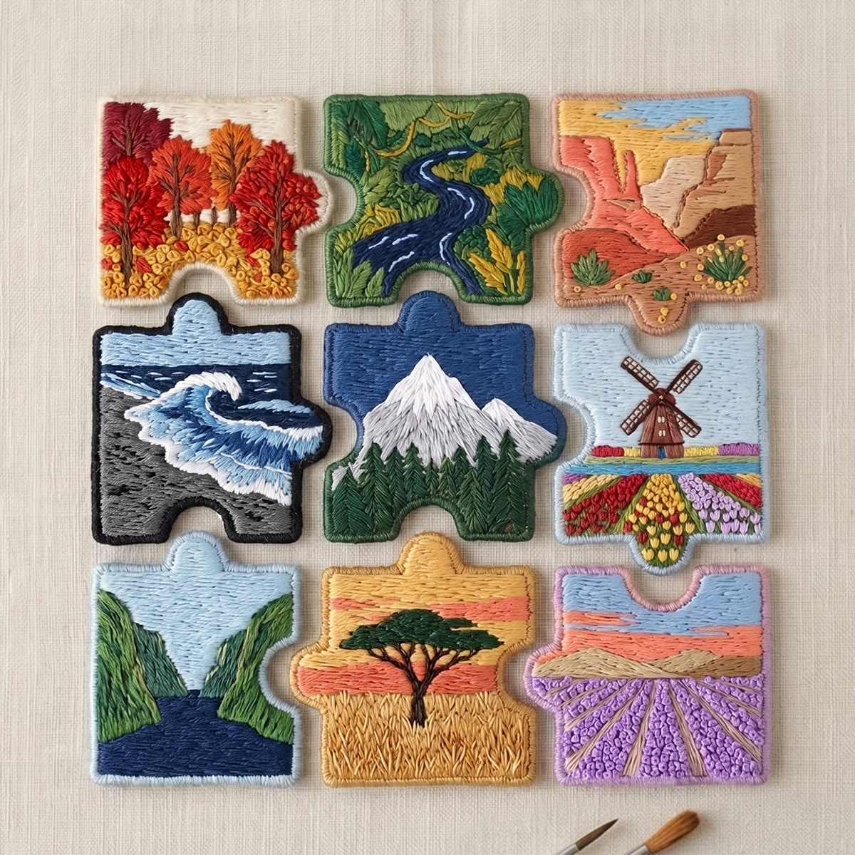 Rubbyoo Diy Magnet & Brooch Embroidery Puzzle Kit - Map Of Earth Scenic Art | Decorative Fabric Magnet - 9-pcs Puzzle Brooch Kit - image 1
