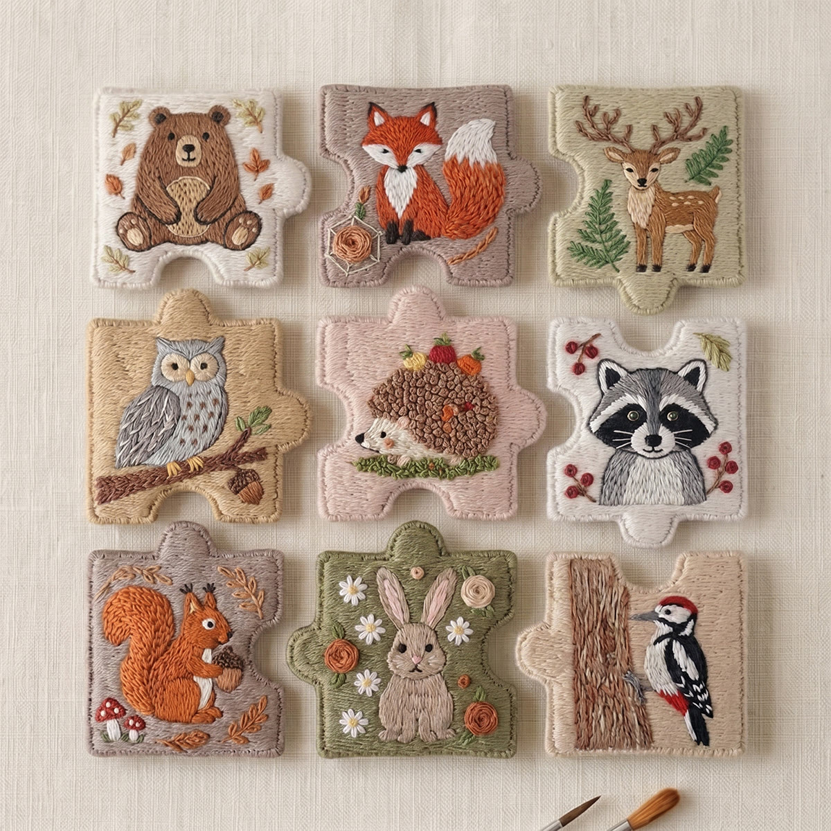 Rubbyoo Diy Magnet & Brooch Embroidery Puzzle Kit - Cute Wildlife Collection | Lovely Needlepoint Magnet - 9-pcs Puzzle Brooch Kit - image 1