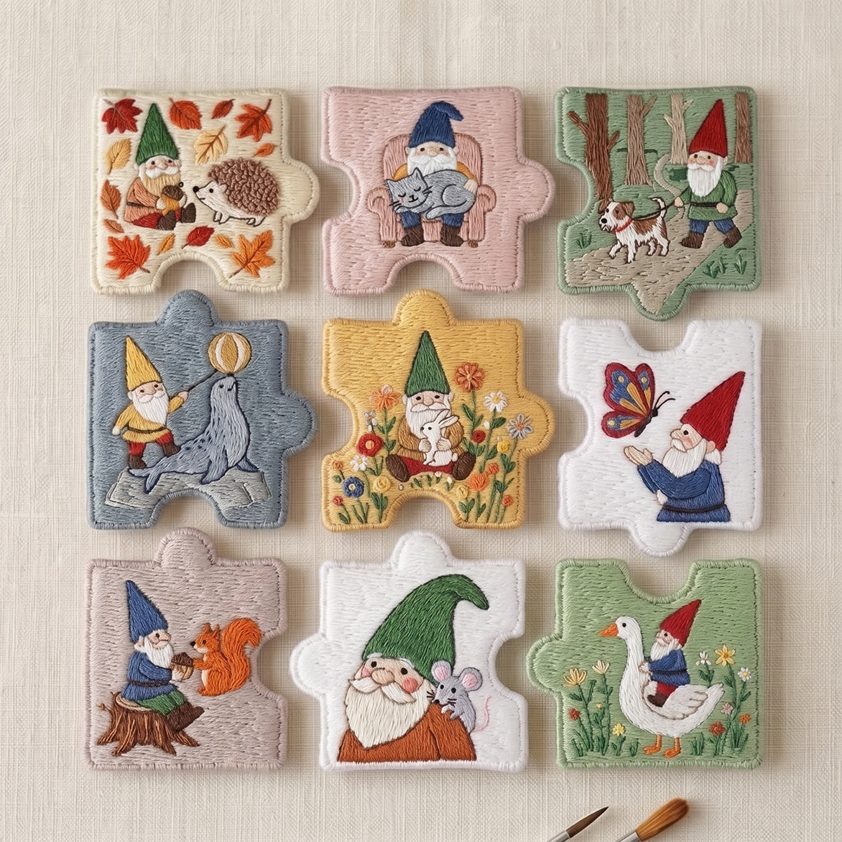 Rubbyoo Diy Magnet & Brooch Embroidery Puzzle Kit - Garden Gnome And Cute Animals | Good Luck Jewelry Gift For Her - 9-pcs Puzzle Brooch Kit - image 1