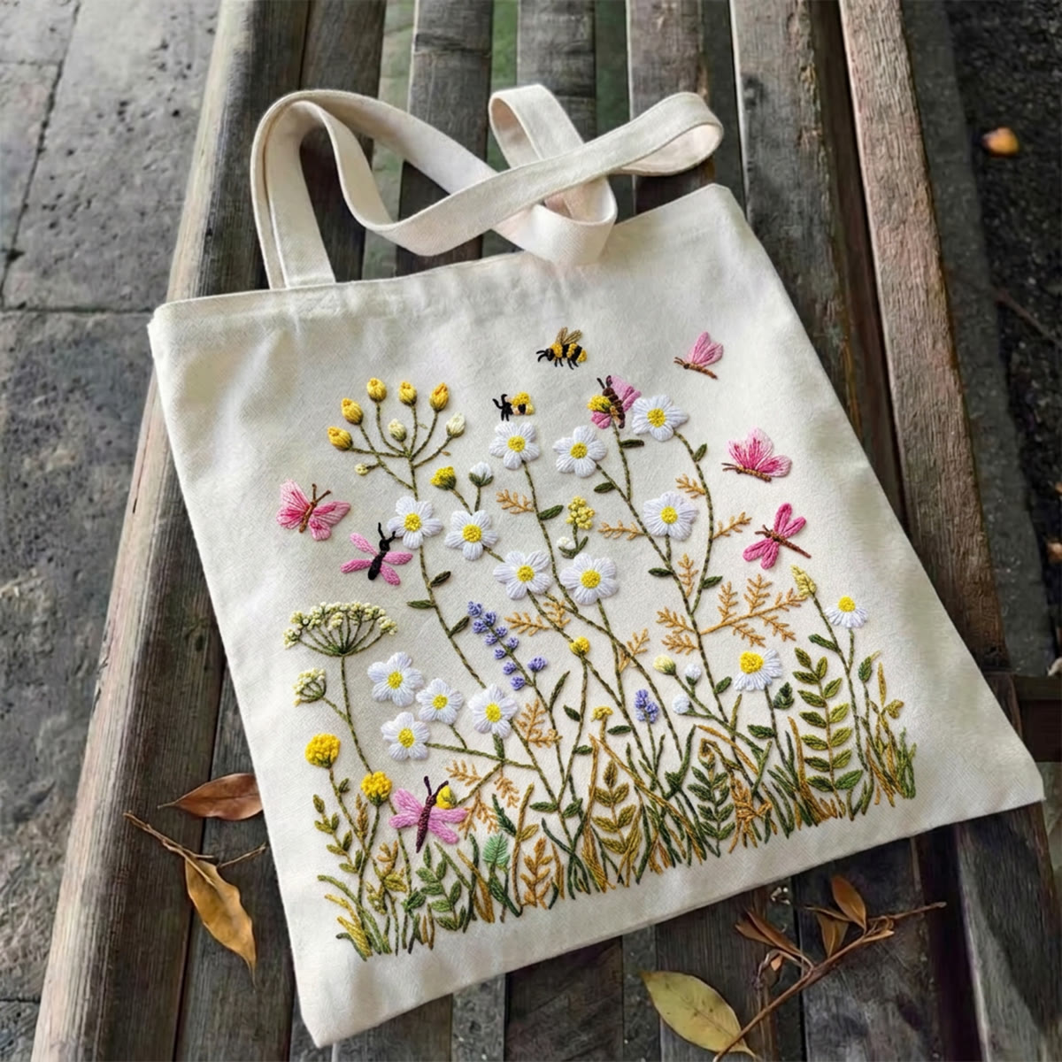 Rubbyoo Embroidery Tote Bag Kit - Charming Flowers | Beginner Needlework Craft | Reusable Shoulder Bag  - 9.8" × 11.8" - White - image 3