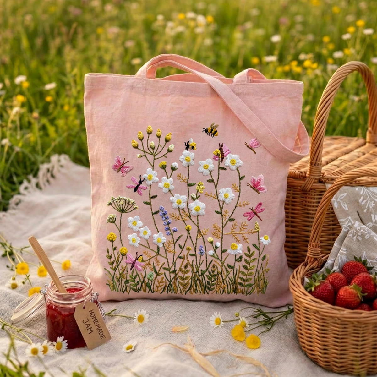 Rubbyoo Embroidery Tote Bag Kit - Charming Flowers | Beginner Needlework Craft | Reusable Shoulder Bag  - 9.8" × 11.8" - Pink - image 1
