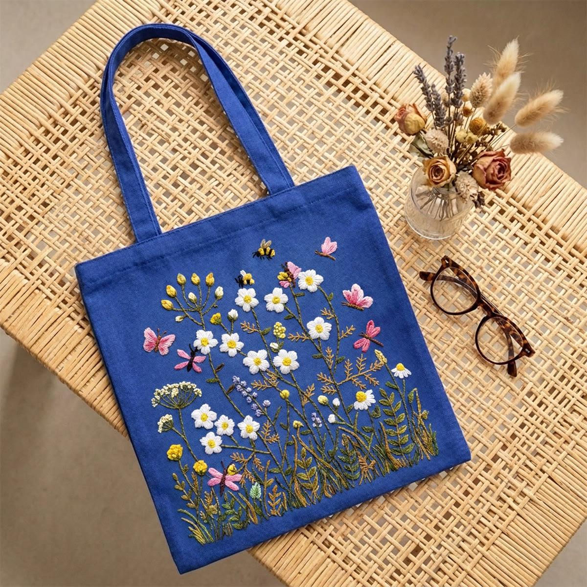 Rubbyoo Embroidery Tote Bag Kit - Charming Flowers | Beginner Needlework Craft | Reusable Shoulder Bag  - 9.8" × 11.8" - Royal blue - image 2
