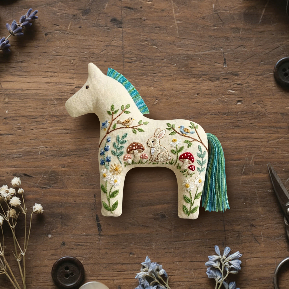 Rubbyoo Dala Horse Embroidery Kit - Forest Mushroom And Bunny  | Cute Handmade Craft | Nursery Hanging Decor - 6 inches hoop kit - image 1