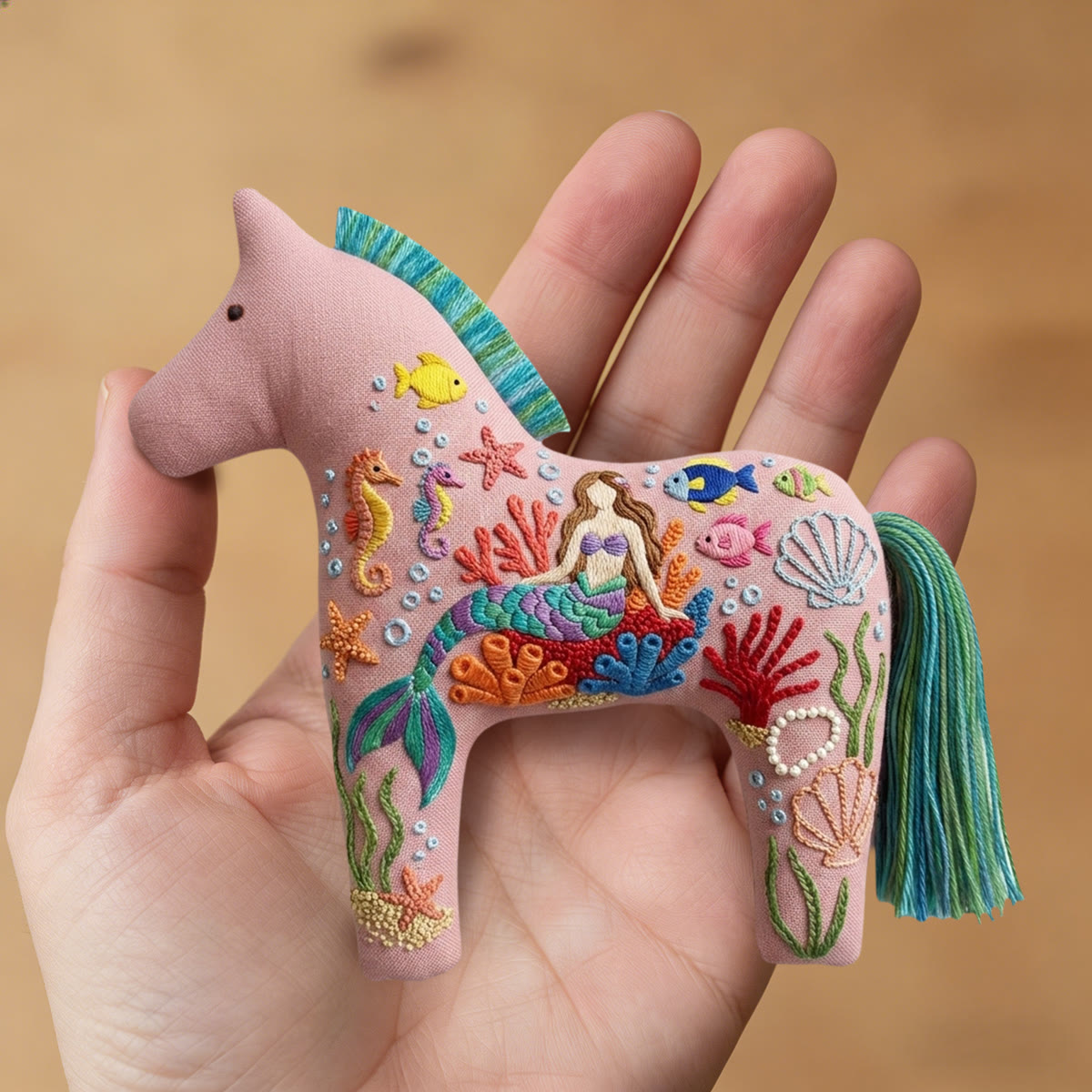 Rubbyoo Dala Horse Embroidery Kit - Pastel Pink Mermaid | Intricate Gift For Her | Summer Bag Charm - image 9