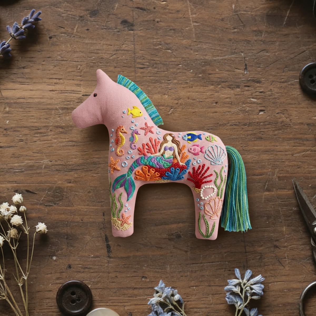 Rubbyoo Dala Horse Embroidery Kit - Pastel Pink Mermaid | Intricate Gift For Her | Summer Bag Charm - 6 inches hoop kit - image 1