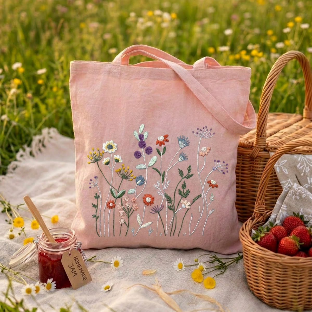 Rubbyoo Embroidery Tote Bag Kit - Aesthetic Wildflowers | Eco-friendly Market Bag | Perfect Bridesmaids Gift  - 11.8" × 13.8" - Pink - image 3
