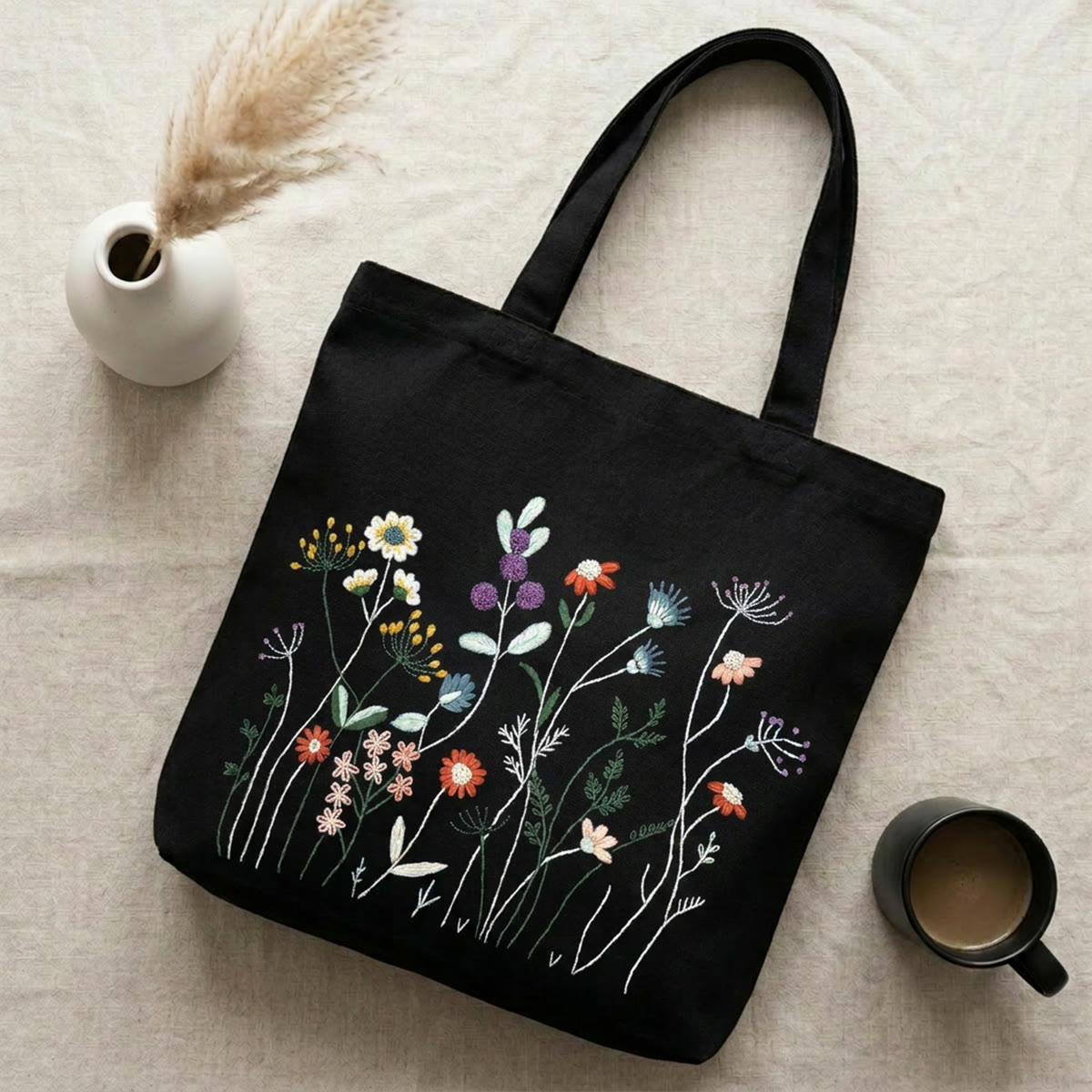 Rubbyoo Embroidery Tote Bag Kit - Aesthetic Wildflowers | Eco-friendly Market Bag | Perfect Bridesmaids Gift  - 11.8" × 13.8" - Black - image 1