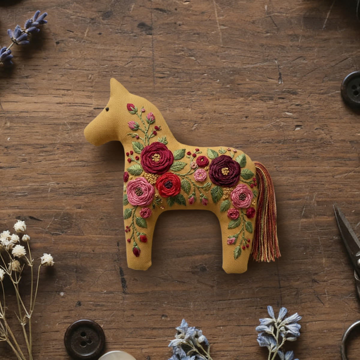 Rubbyoo Dala Horse Embroidery Kit - Rose And Leaf  | Romantic Birthday Gift For Her | Vintage Ornament - 6 inches hoop kit - image 1