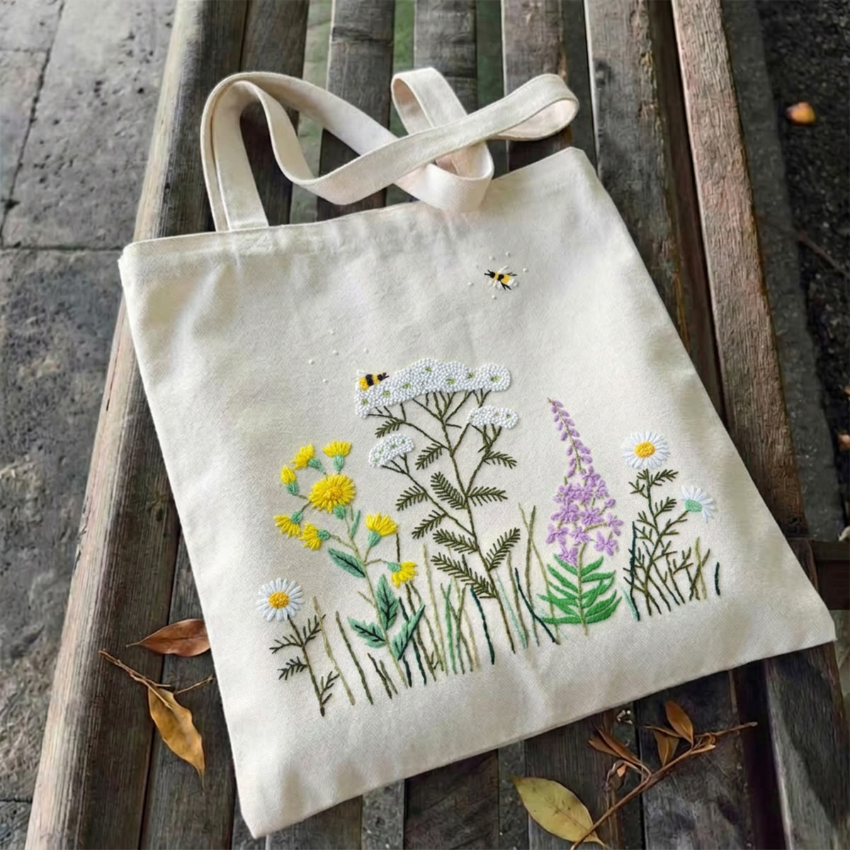 Rubbyoo Embroidery Tote Bag Kit - Bee And Flowers | Cottagecore Market Bag  | Handmade Stylish Accessory  - 11.8" × 13.8" - White - image 2