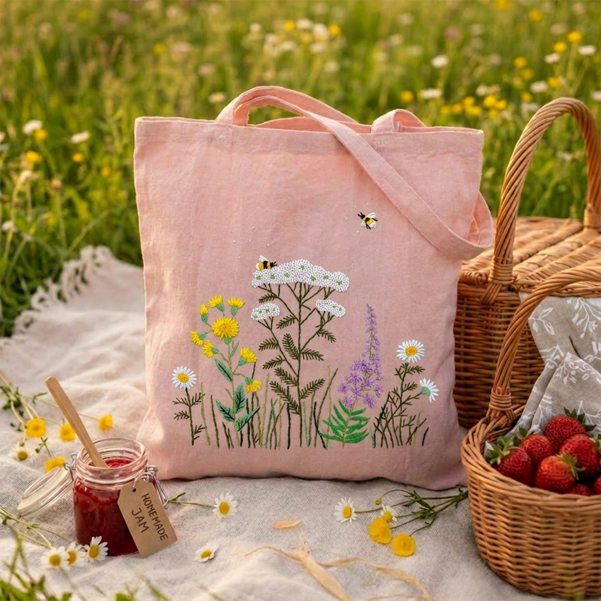 Rubbyoo Embroidery Tote Bag Kit - Bee And Flowers | Cottagecore Market Bag  | Handmade Stylish Accessory  - 11.8" × 13.8" - Pink - image 1