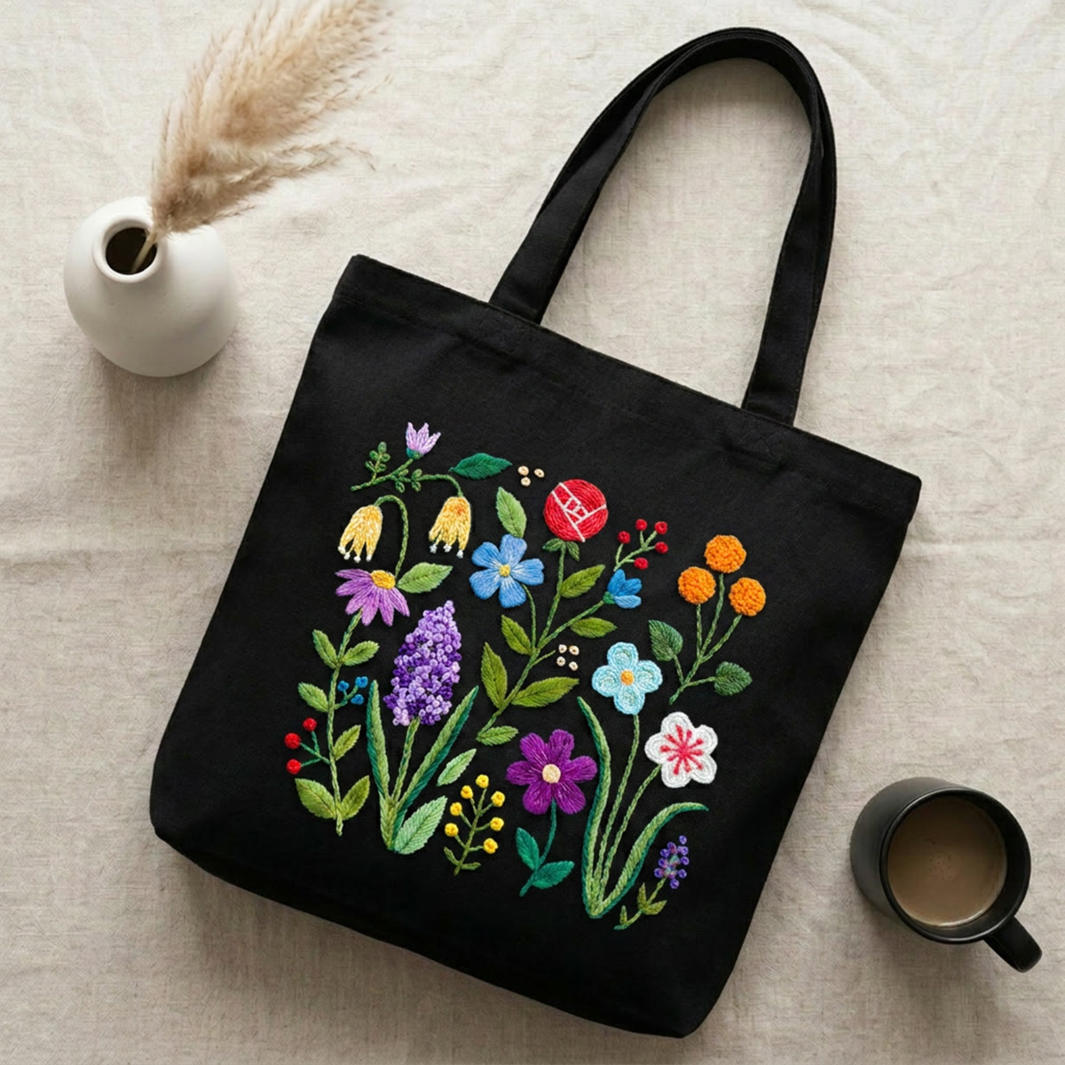 Rubbyoo Embroidery Tote Bag Kit - Flowers Of Various Colors | Aesthetic Travel Bag | Unique Handmade Craft  - 9.8" × 11.8" - Black - image 2