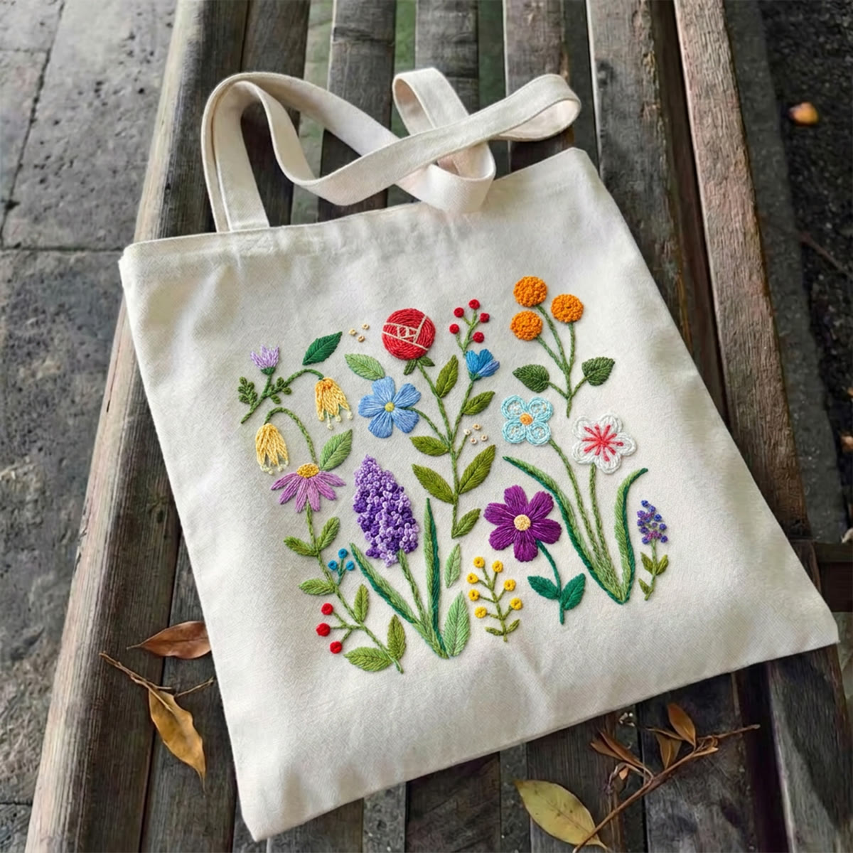 Rubbyoo Embroidery Tote Bag Kit - Flowers Of Various Colors | Aesthetic Travel Bag | Unique Handmade Craft  - 9.8" × 11.8" - White - image 1