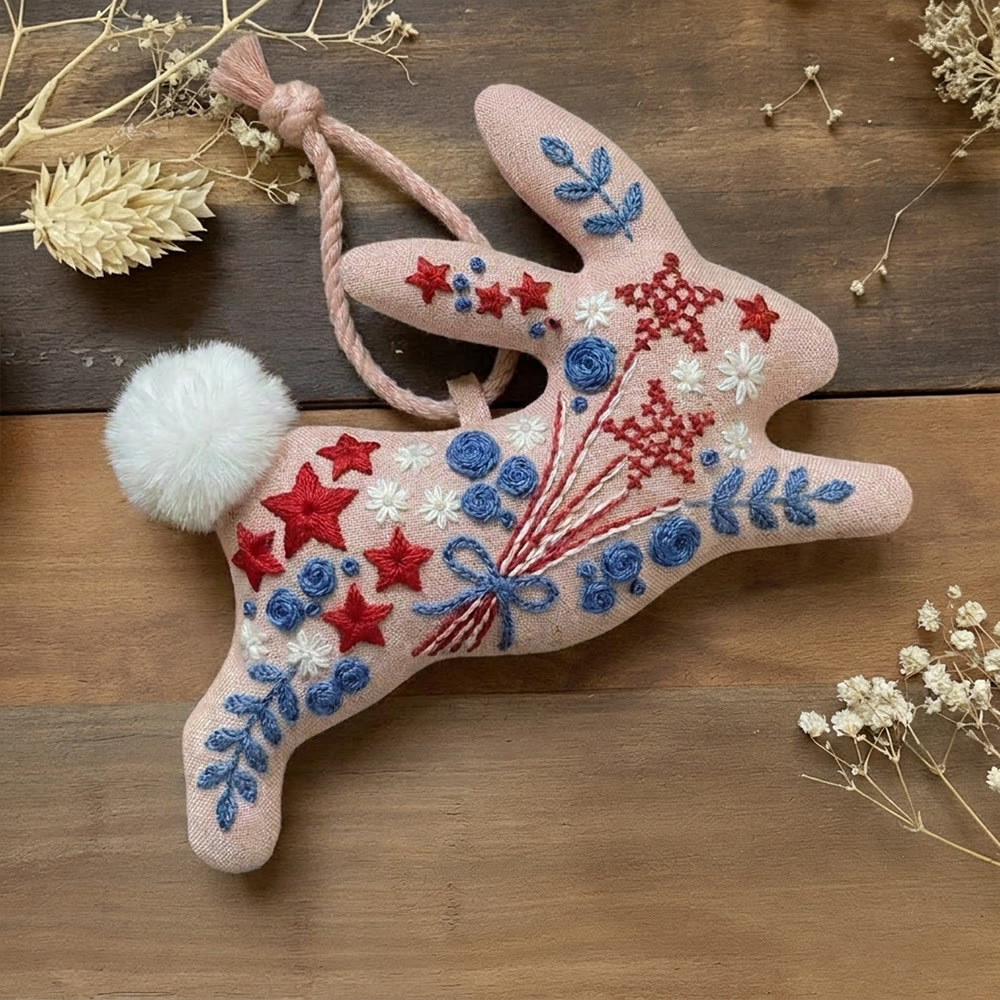 Rubbyoo Rabbit Embroidery Kit - Flowers Of Stars | Gentle Red & Blue Sewing Kit | America 250th Anniversary Present - 6 inches hoop kit - image 1