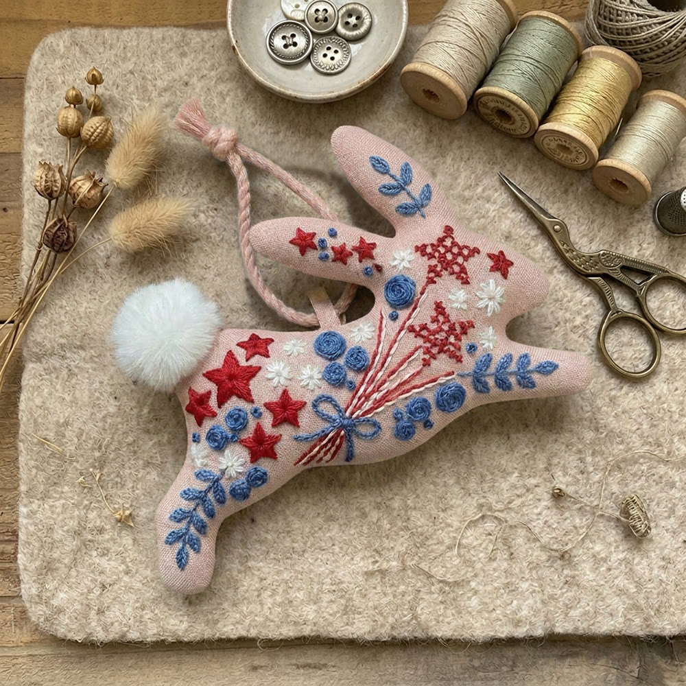 Rubbyoo Rabbit Embroidery Kit - Flowers Of Stars | Gentle Red & Blue Sewing Kit | America 250th Anniversary Present - image 4