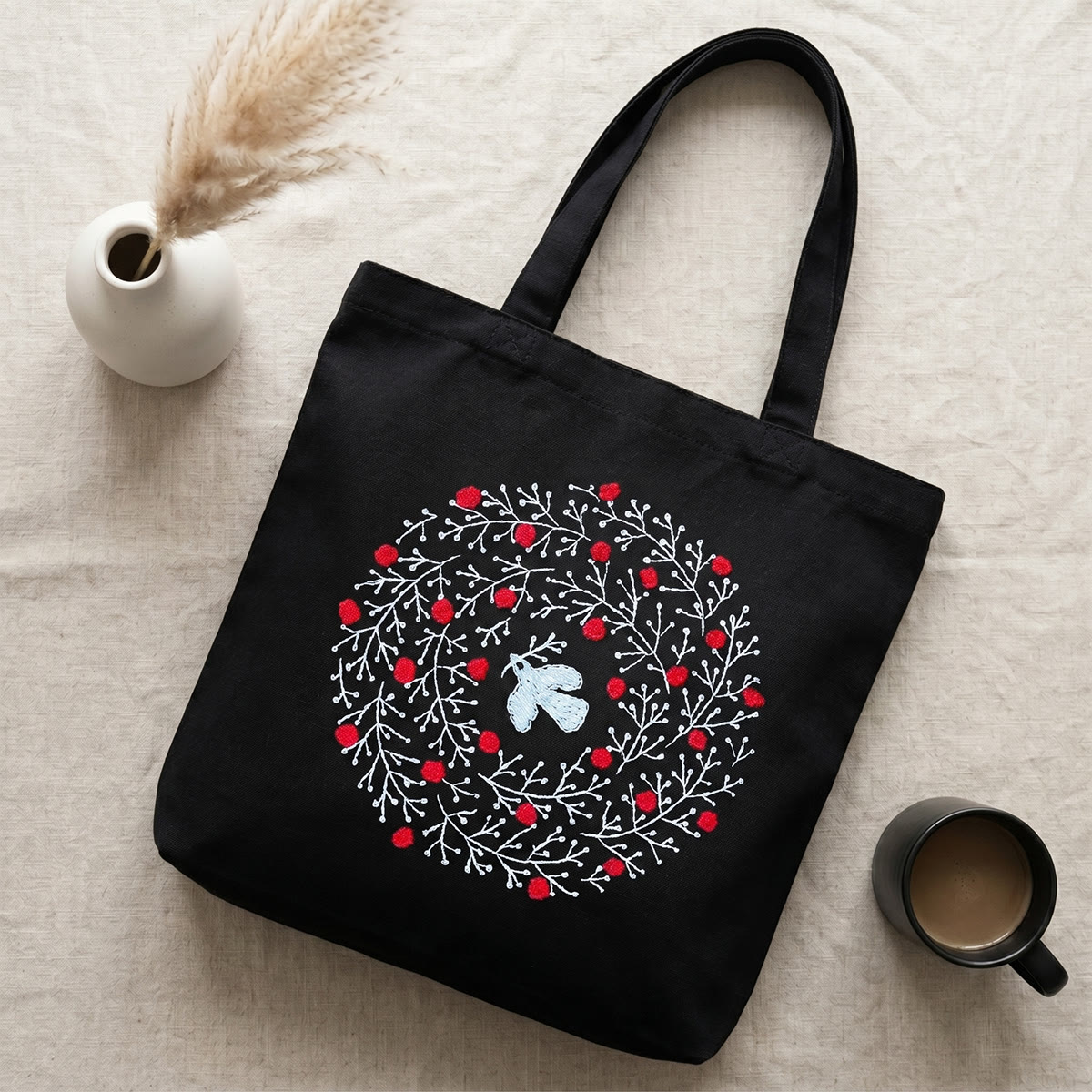 Rubbyoo Embroidery Tote Bag Kit - Flying Pigeon | Reusable Shopping Bag | Nice Gift For Her  - 11.8" × 13.8" - Black - image 1
