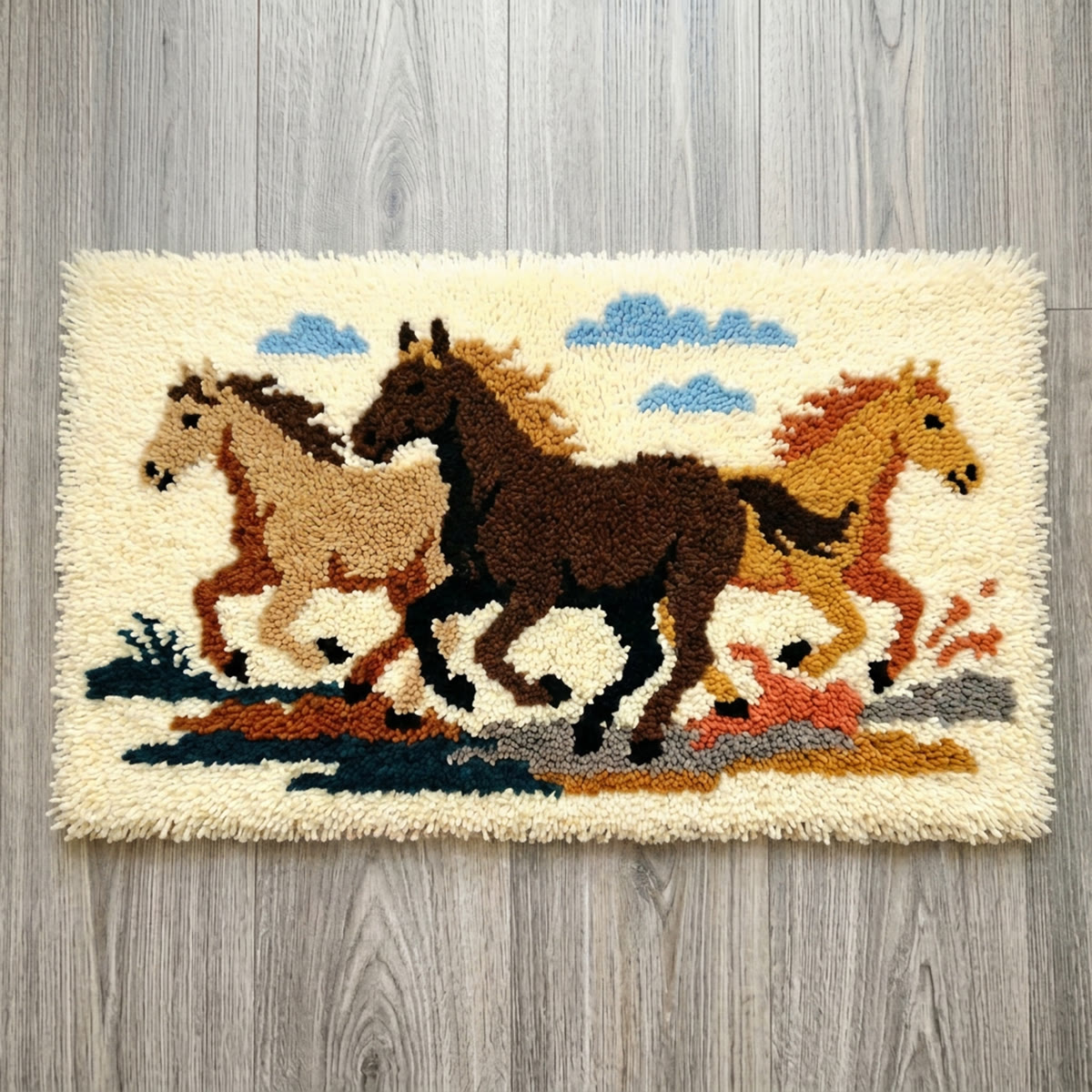 Rubbyoo Latch Hook Rug Kit - Running Horses | Handmade Housewarming Gift |  Mudroom Mat - 75×50cm - image 1