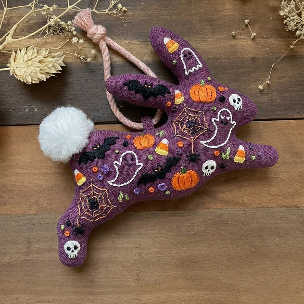 Rubbyoo Rabbit Embroidery Kit - Trick Or Treat | Cartoon Pumpkin & Ghost & Bat Theme | Special Funny Halloween Keepsake - 6 inches hoop kit - image 1