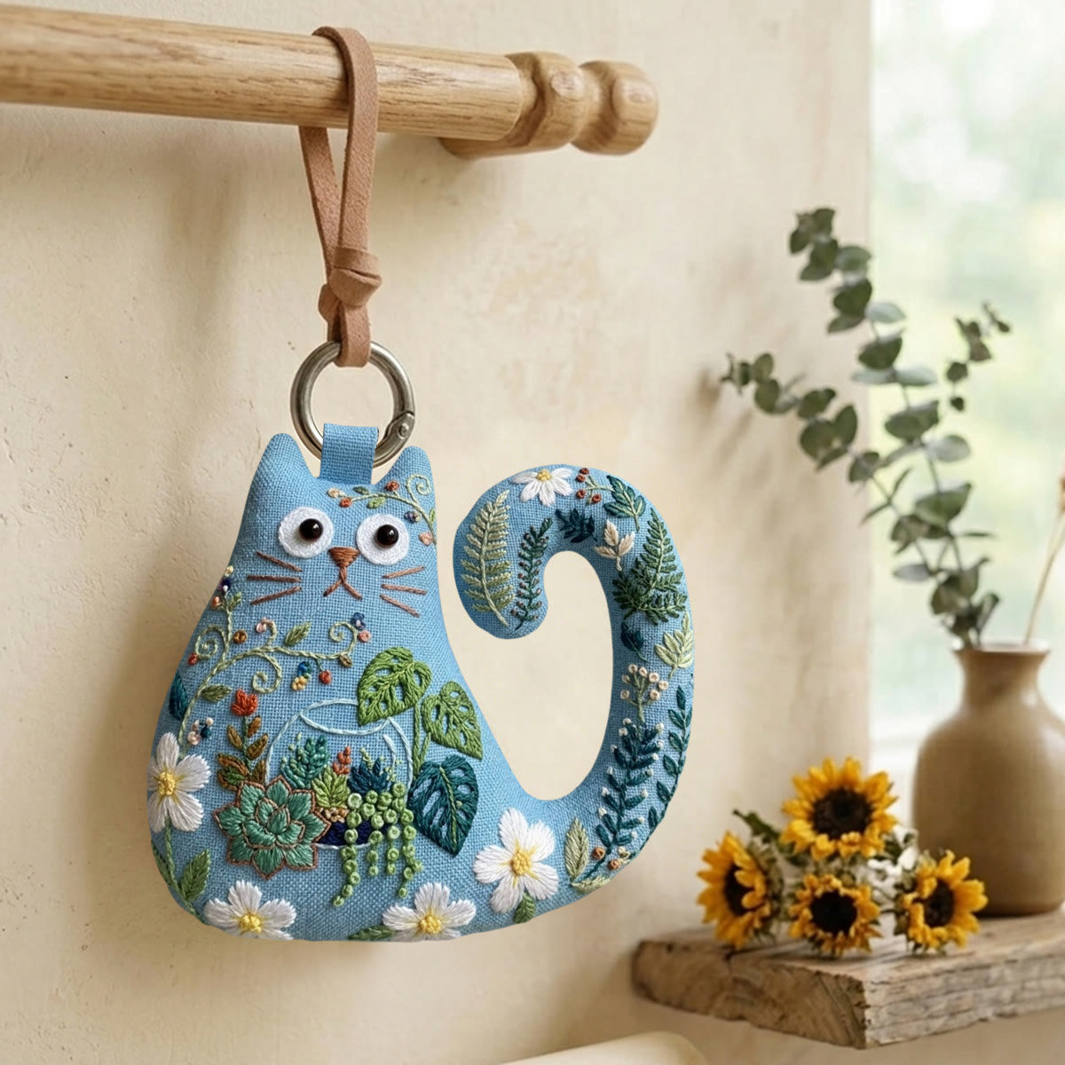 Rubbyoo Cat Embroidery Kit - Succulent Terrarium | Cute Handmade Craft | Floral Purse Charm - image 2