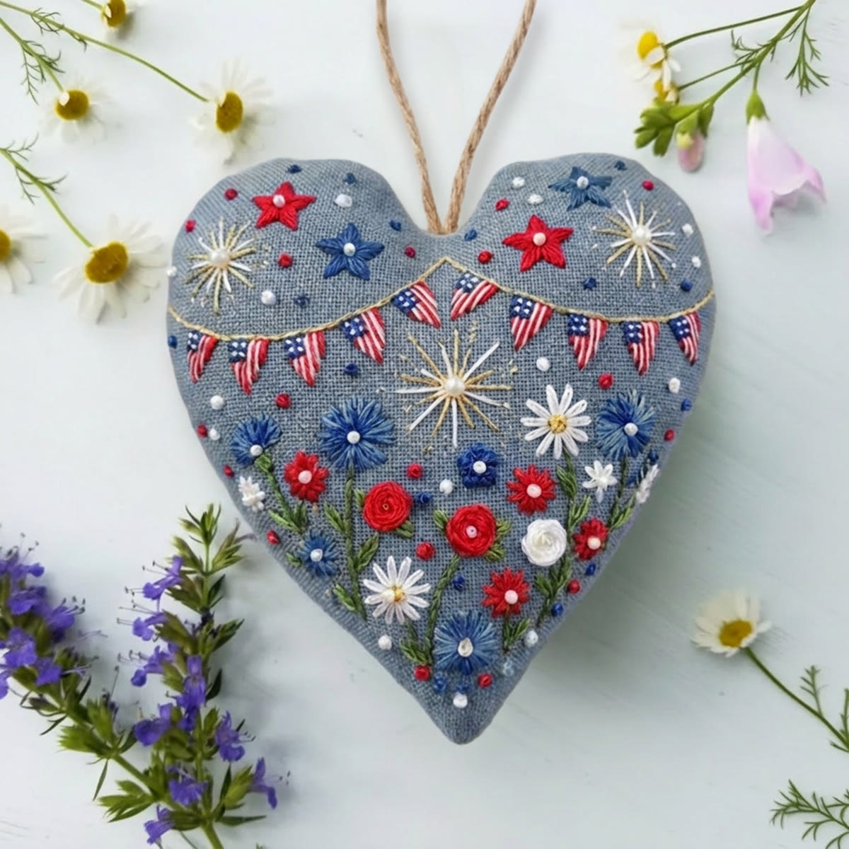 Rubbyoo Heart Embroidery Kit - Shining Day | Semiquincentennial Anniversary Pattern | Patriotic Present Choice - 6 inches hoop kit - image 1